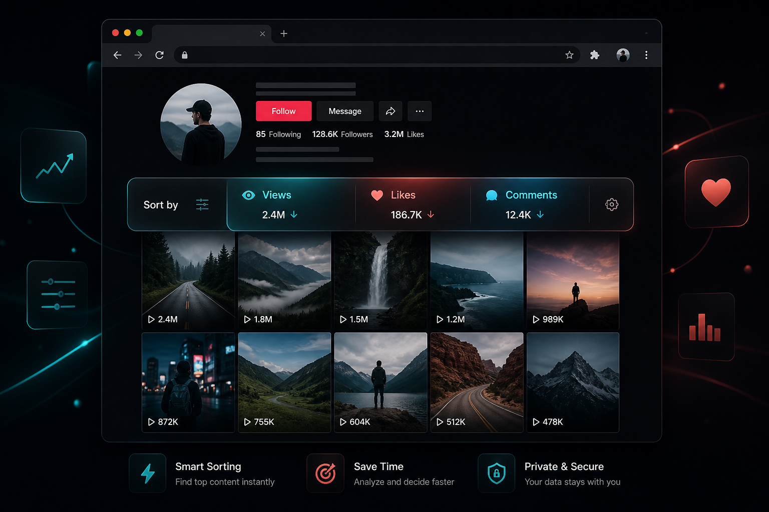 TokSorter toolbar sorting visible TikTok profile videos by view count in Chrome